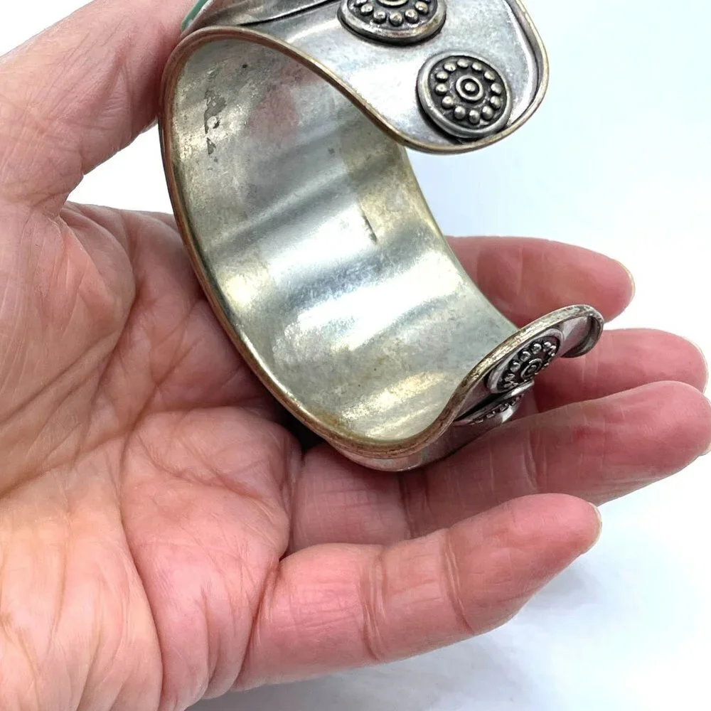 Lucky Brand Southwestern Boho Three Stone Green Silver Wide Cuff Bracelet